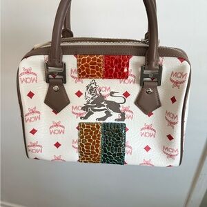 MCM White and Brown Satchel with Multicolor Accents